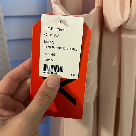 Dessy Cross Strap Open-Back Halter Maxi Dress - Blush; Size 16, Extra Length - Picture 4 of 5